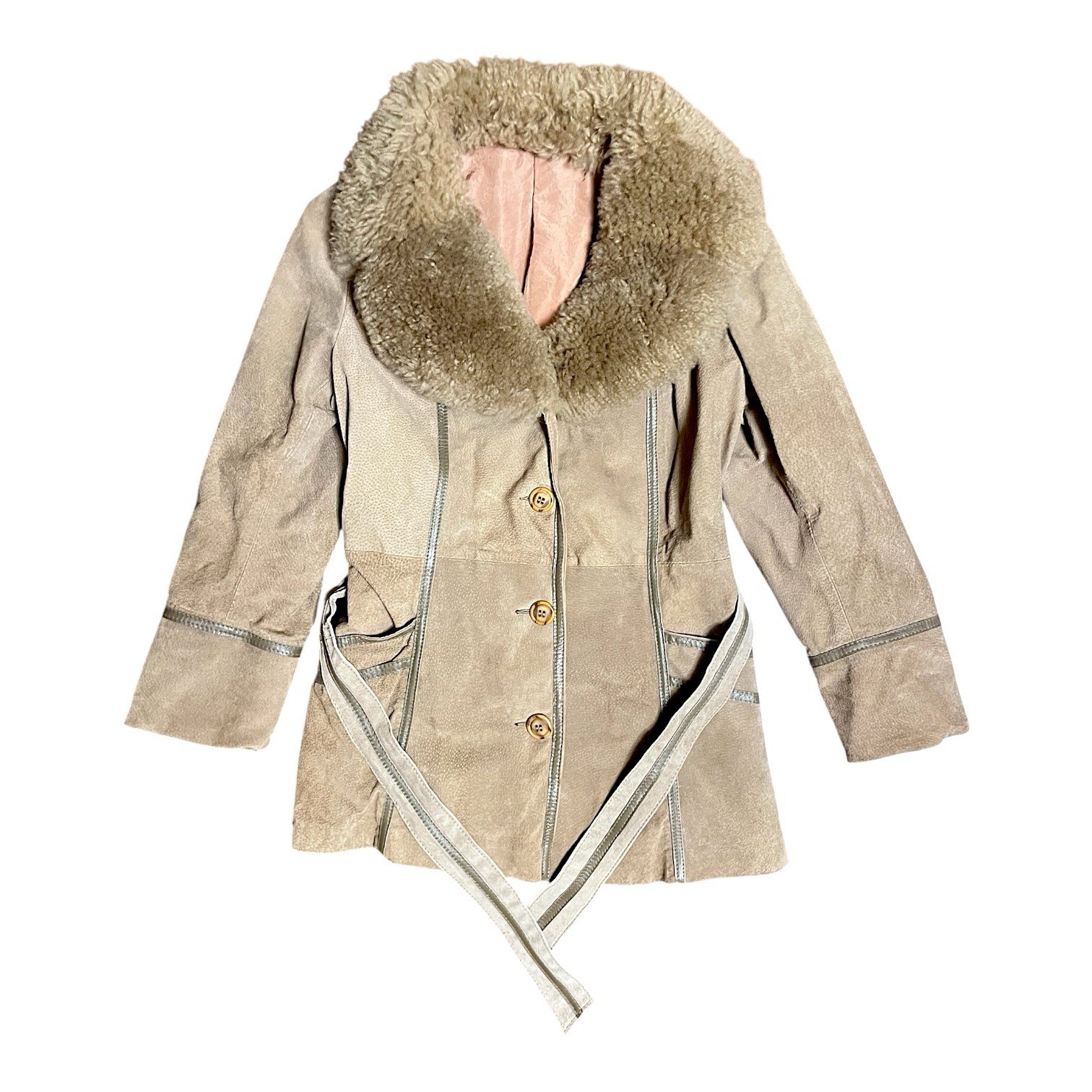 Vintage Suede Jacket with a Large Shearling Collar tie belt Penny Lane Coat