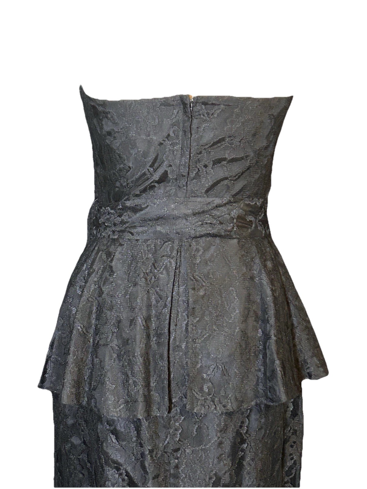 Vintage Strapless Bustier Dress Gown Black Lace Satin Pencil Peplum Witchy