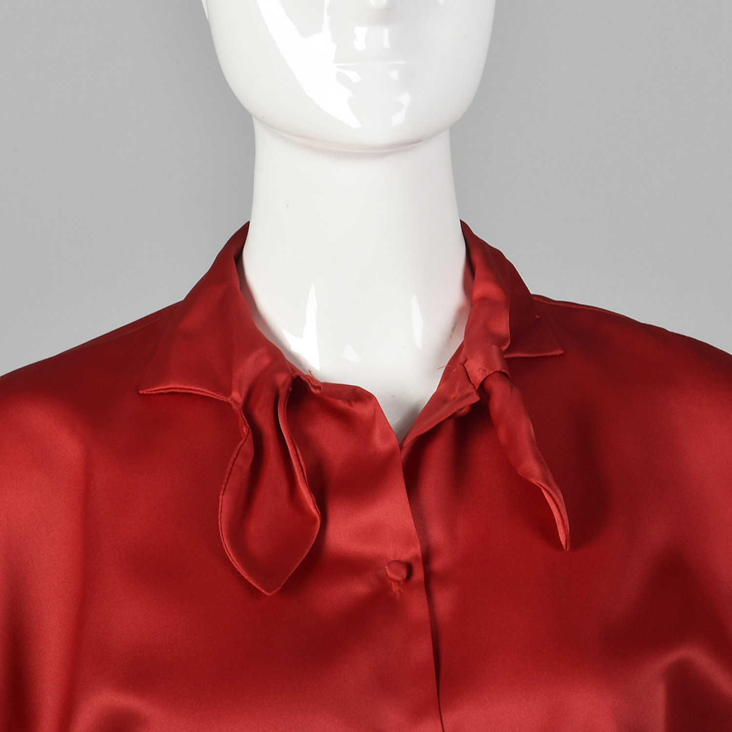 S 1960s Silky Red Blouse Top Short Dolman Sleeves Pin Up Separates Neck Bow 60s