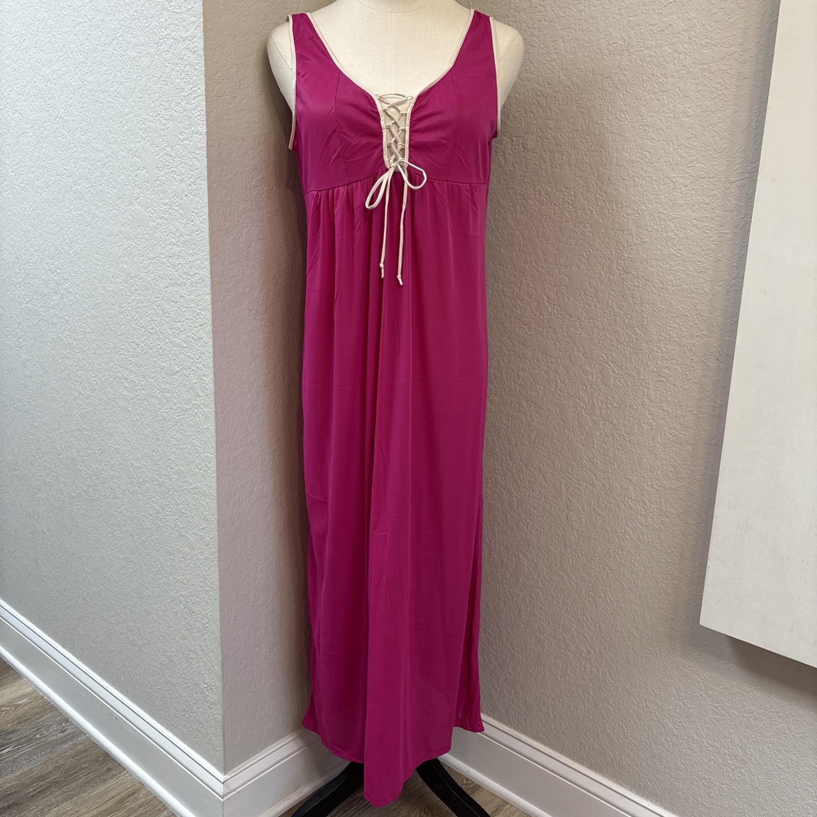 Vintage Miss Swank Hot Pink Lace Up Front Nylon Nightgown Sz L Retro Trad