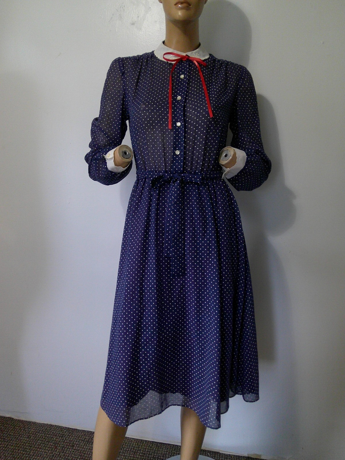 Vtg 70s Navy & White Tiny Dot Semi Sheer Modest Secretary Day Dress Fit Flare M