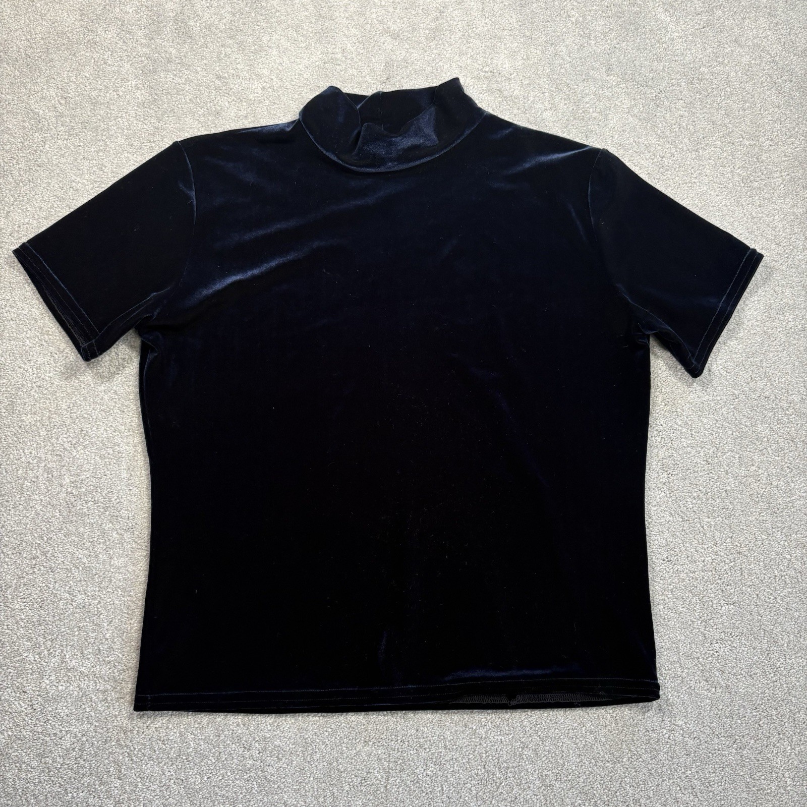 Nicola Navy Blue Velour Short Sleeve Shirt 80s Mock Neck Women’s L USA Vintage