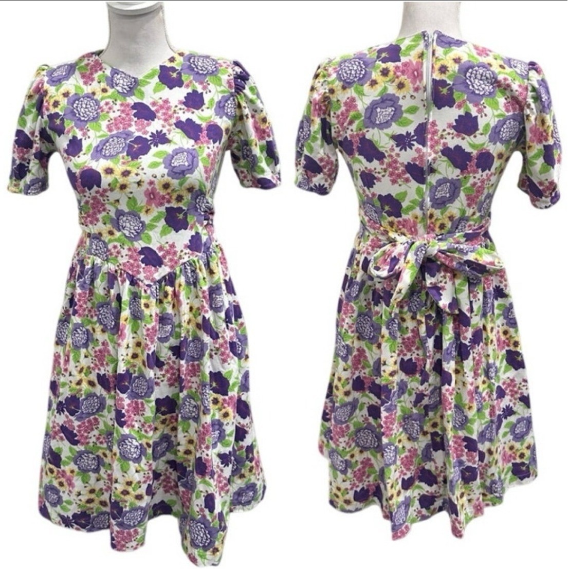VTG Christie Brooks Floral Drop Waist Dress Purple Pink Puff Sleeve Cottage XS