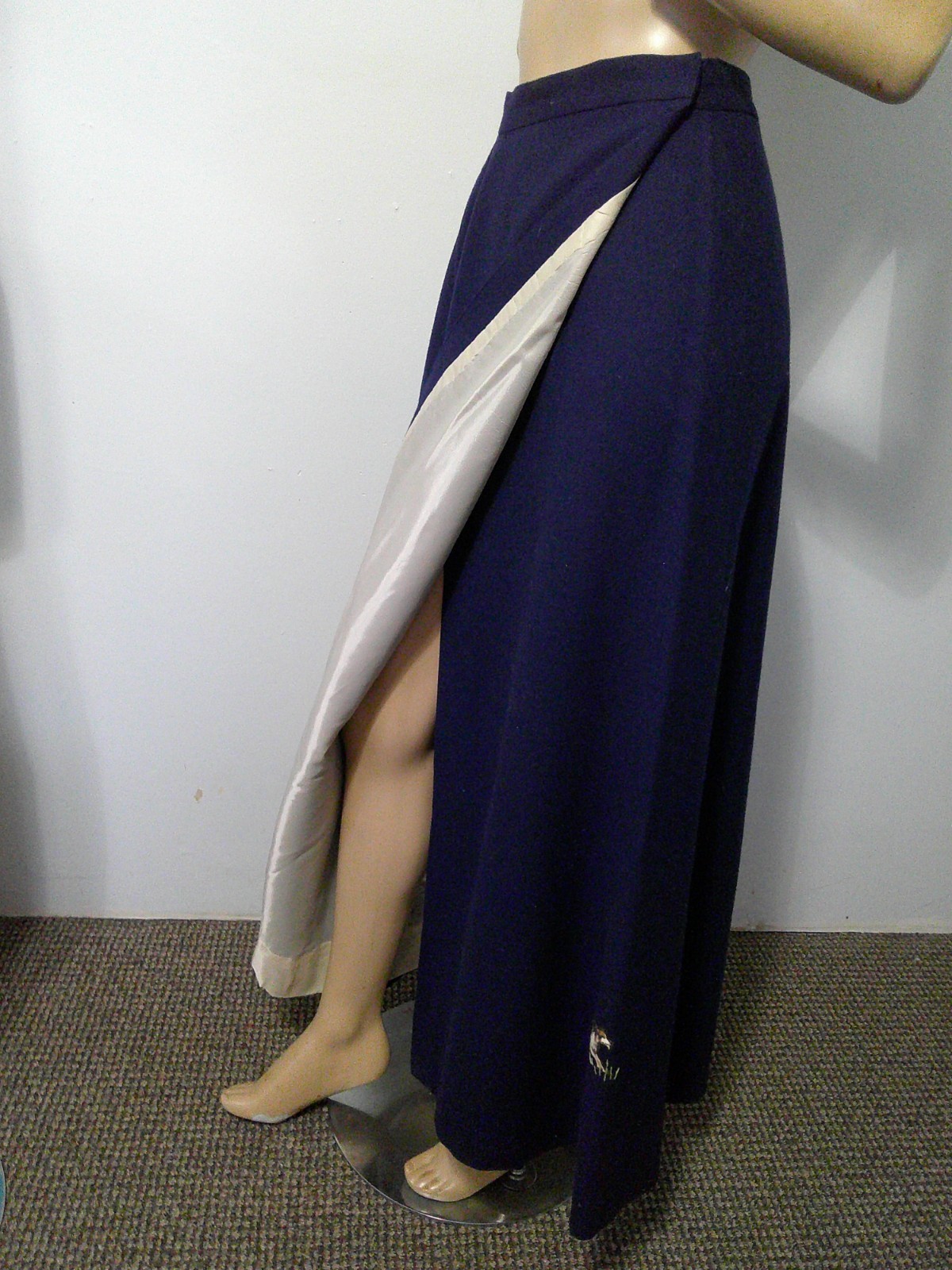 Vtg 70’s Equestrian English Riding Fox Hunt Applique Navy Wool Wrap Maxi Skirt S
