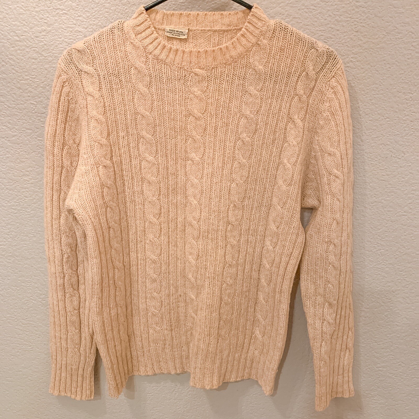 Vintage 60s Chunky Cable Knit 100% Wool Sweater Hong Kong Tan Beige Brown Small