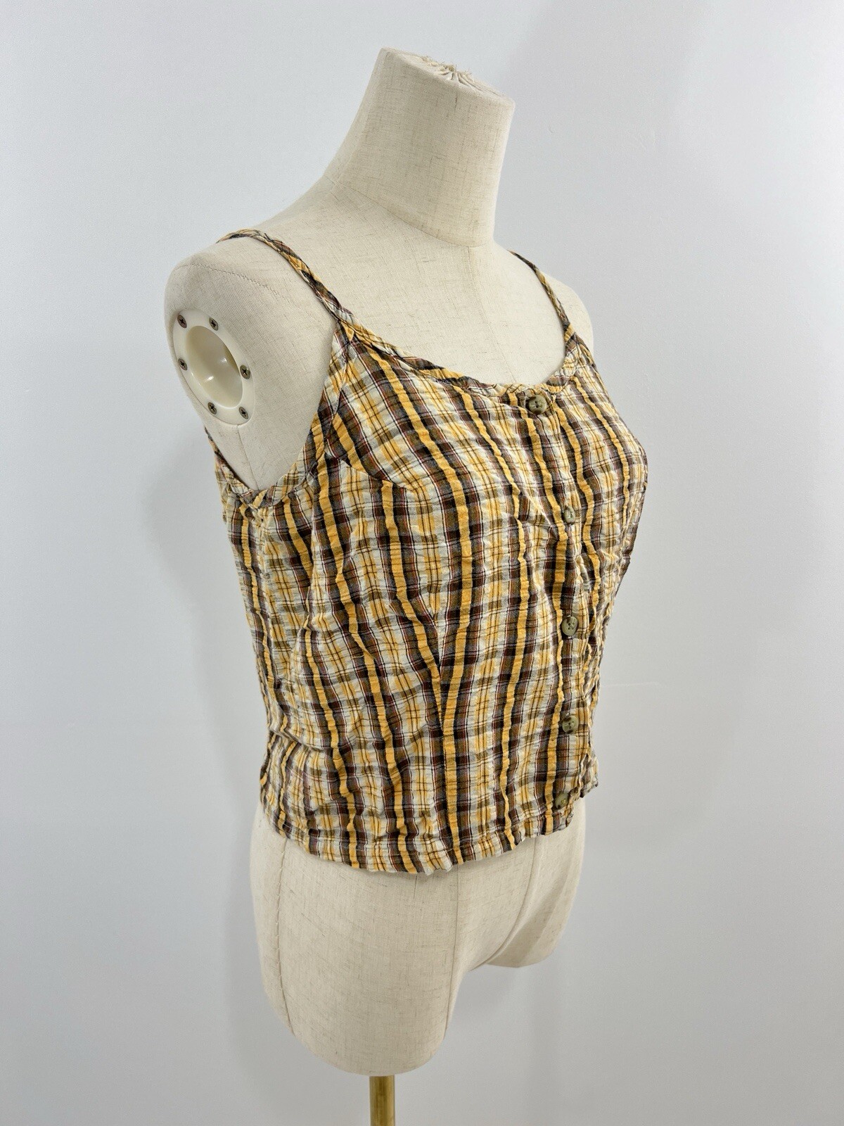 VTG 90s Cropped Tank Top Button Up Plaid Grunge M Festival Seersucker Skate Surf