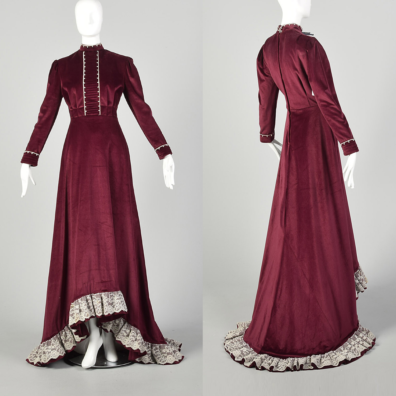 1970s Prairie Wedding Gown Train Maroon Cottagecore Velvet Medieval Princess VTG