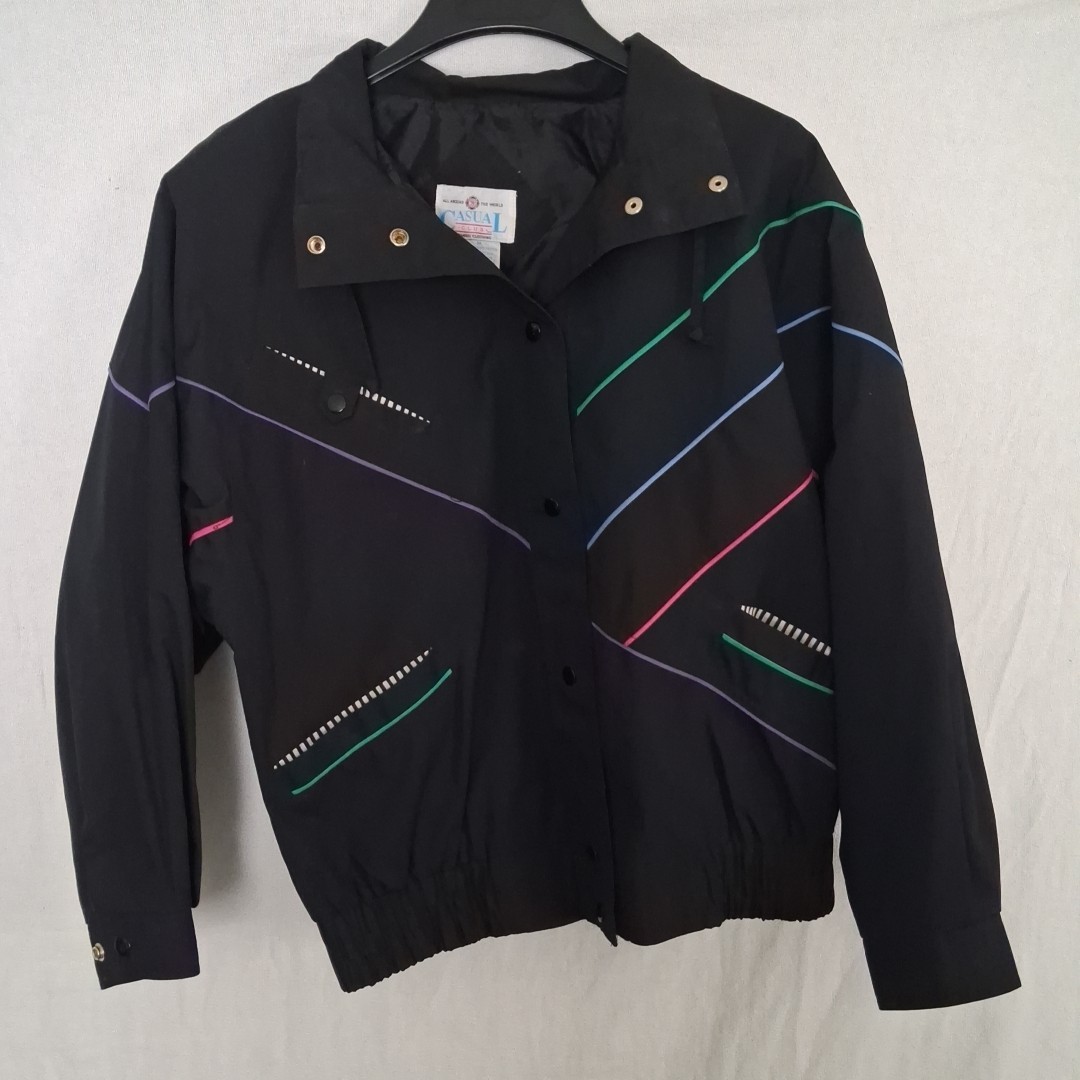Vintage 80s Casual Club Black Bomber Jacket Rainbow Stripe Retro Windbreaker M