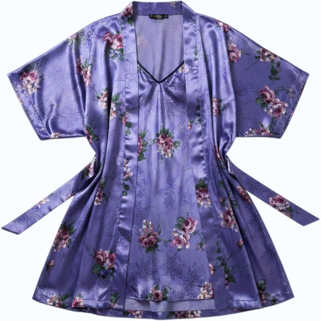 2pc Vintage Purple Floral Satin Nightgown Robe Set Glossy Gown Lingerie L