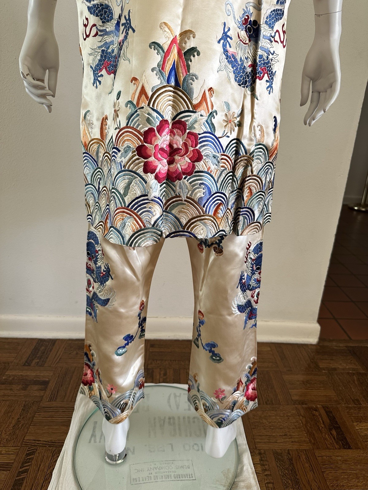1930s 2pc Chinese Silk Satin Embroidered Dragon Lishui Wave Robe Pants Set Talon