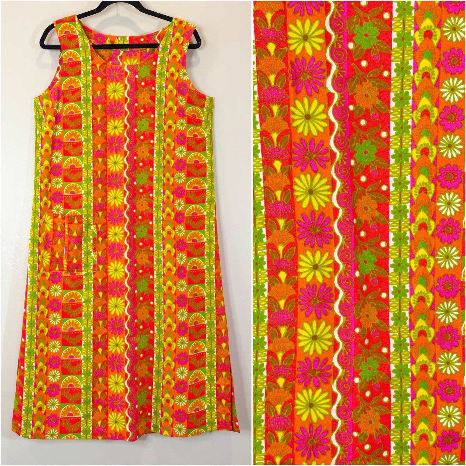 Vintage 1960s Flower Power Midi Shift Dress Barkcloth 60s Hippie Boho Medium