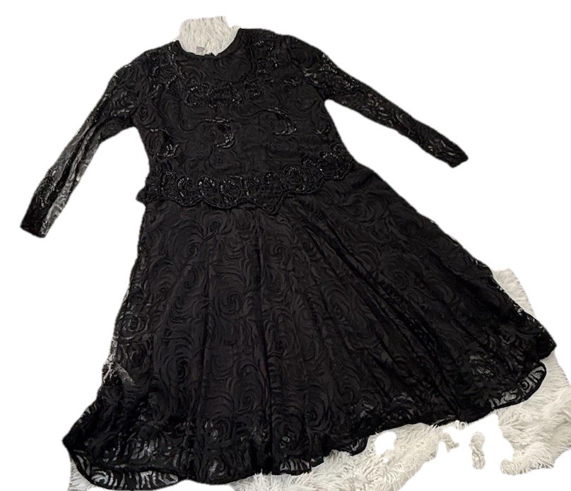 80s Gunit Black Beaded Lace Dress Long Sleeve Drop Waist Size 1X Made In India