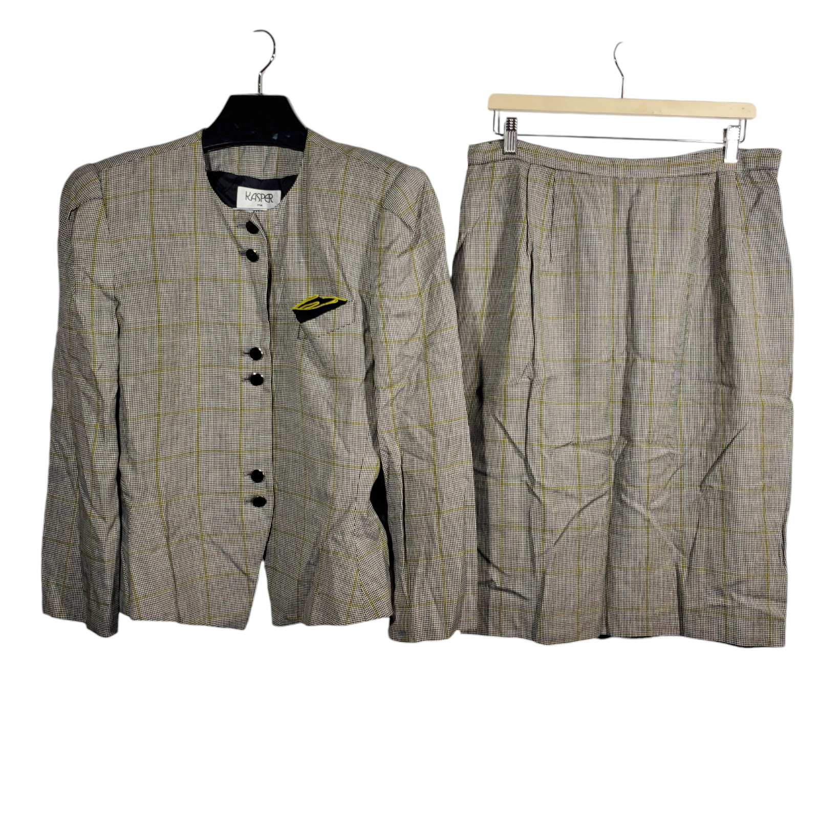 VTG Kasper Houndstooth Skirt Suit Womens 16 Black White Yellow Plaid Midi 2pc