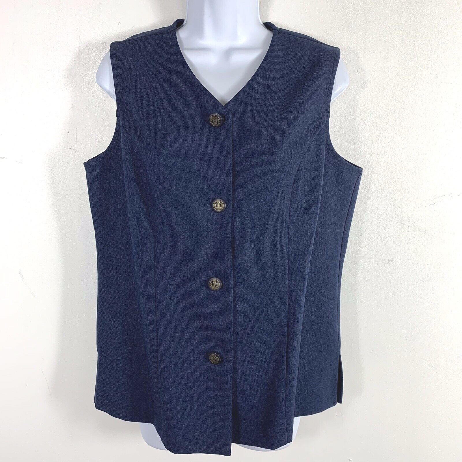 24K Blue Button Front Vest Sz 12 Petite Minimalist Office Siren VINTAGE EB35