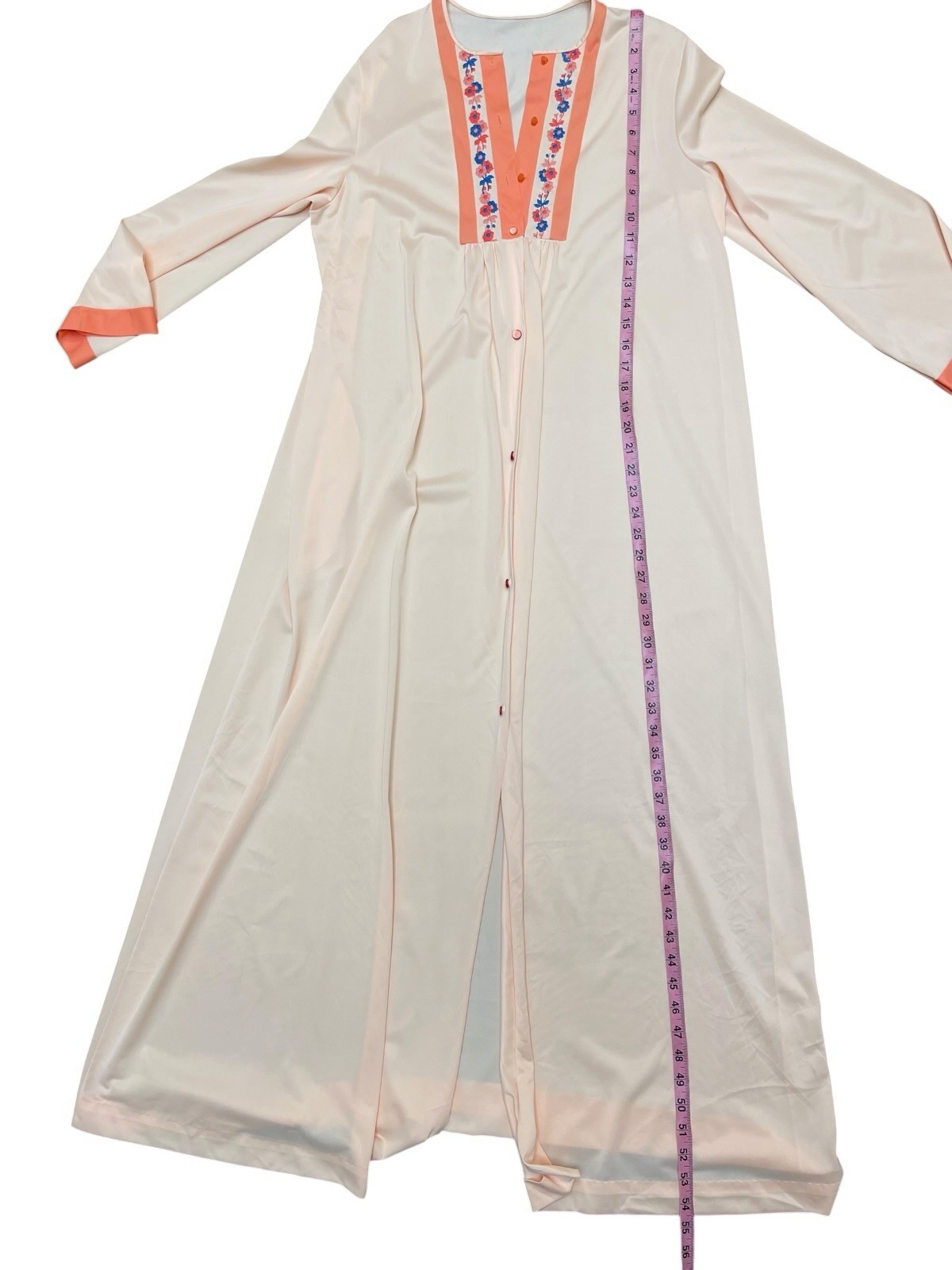 Vintage 70s 80s Lorraine Button Front Housecoat Robe Nightgown Large Peach Nylon
