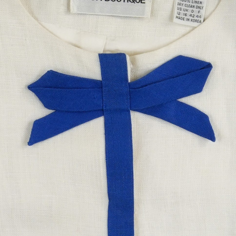 Nipon Boutique 100% Linen Jacket Blazer Women’s Size 12 White Blue Bow Vintage