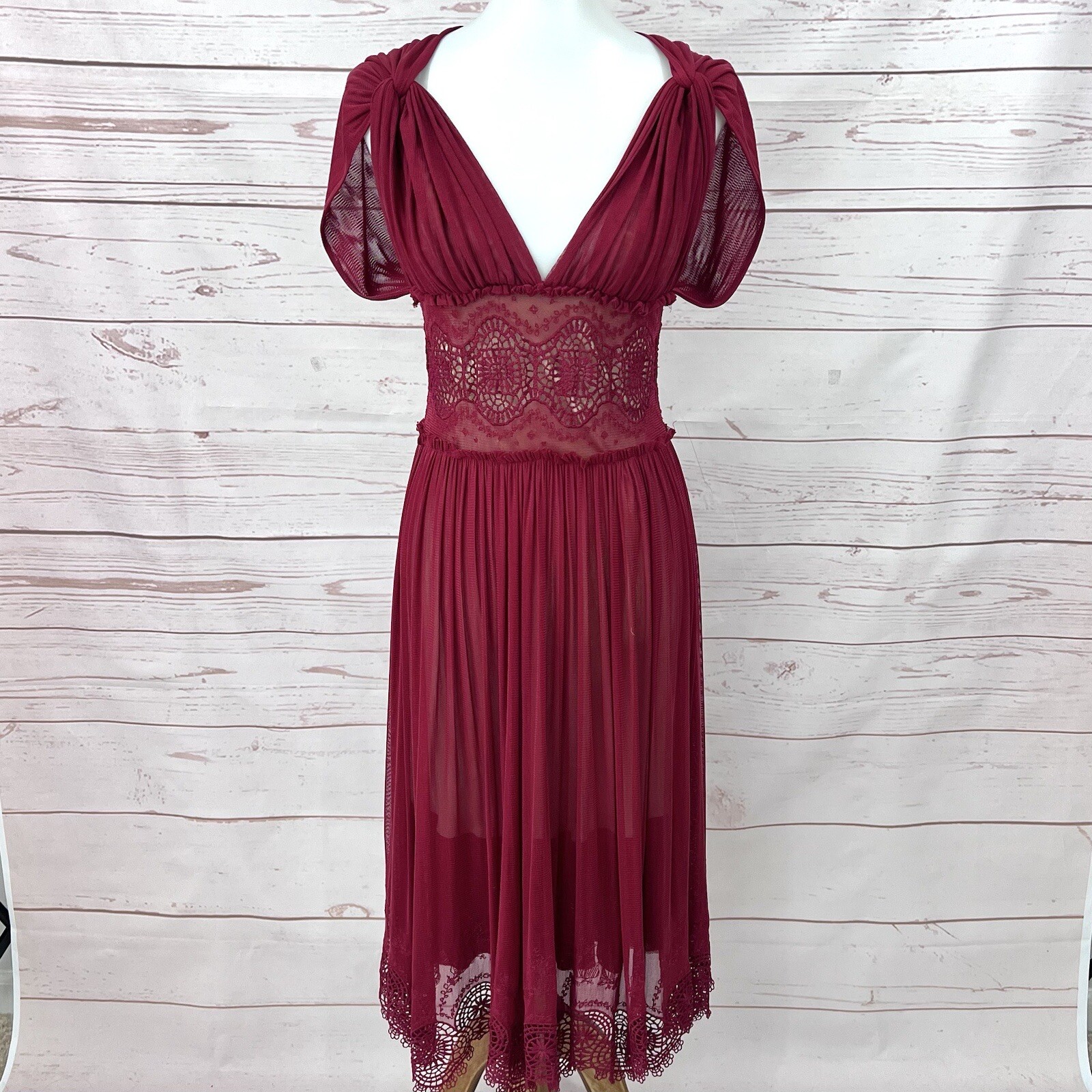 Vintage Y2K Max Studio Red Mesh Lace Renaissance Maiden Formal Prom Dress 2