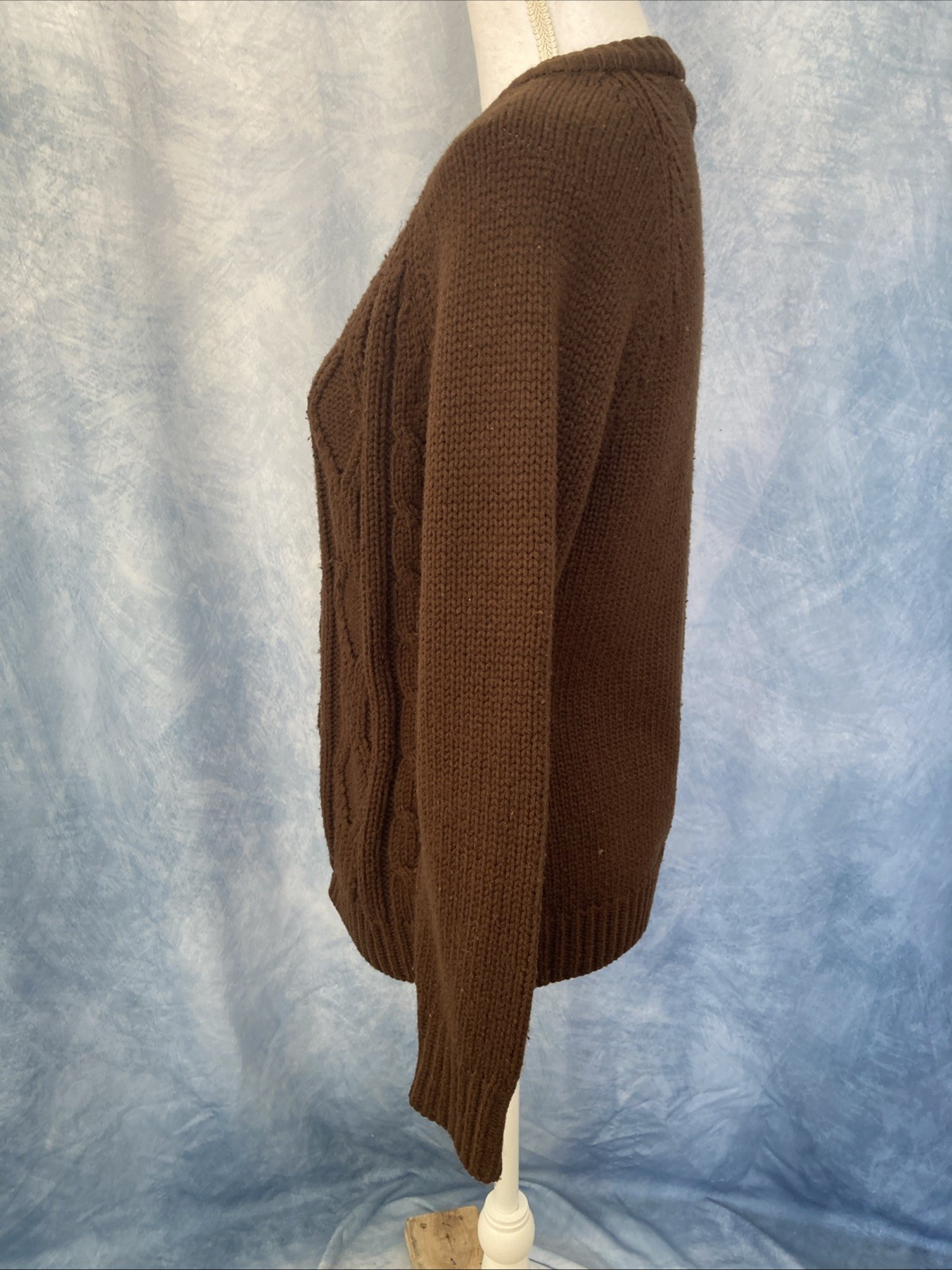 Vintage 1970s Women’s Brown Knit Cabled Acrylic Button Down Cardigan House Coat