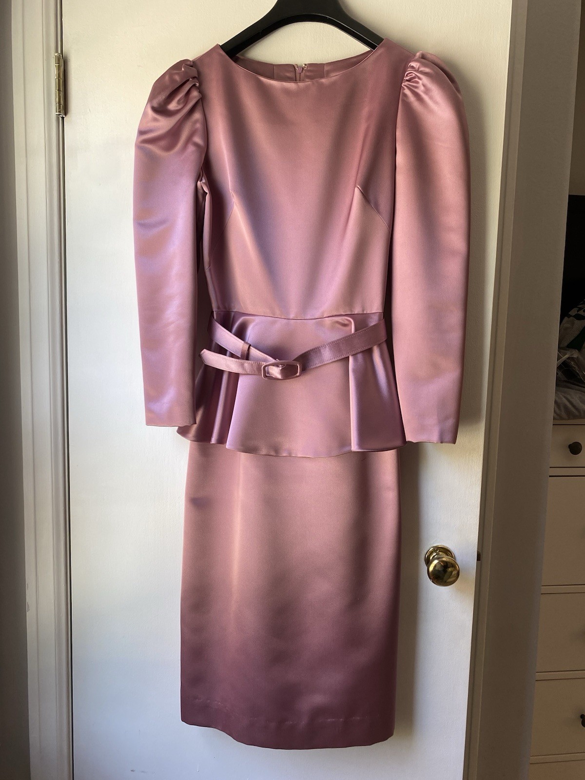 Vintage 1980s dusty rose satin peplum dress puff sleeve d belted cocktail dress