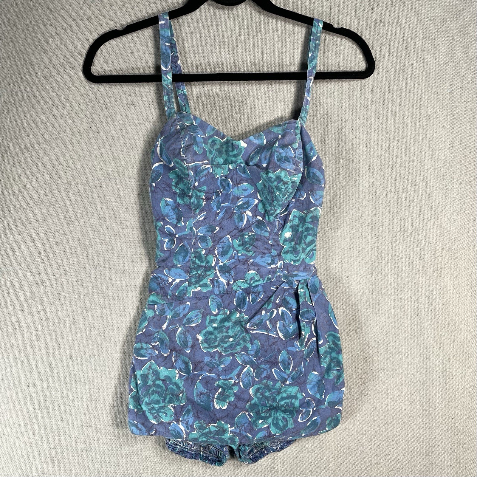 VINTAGE 50s Cotton One Piece Bathing Swimsuit Womens XS Blue Floral Pinup