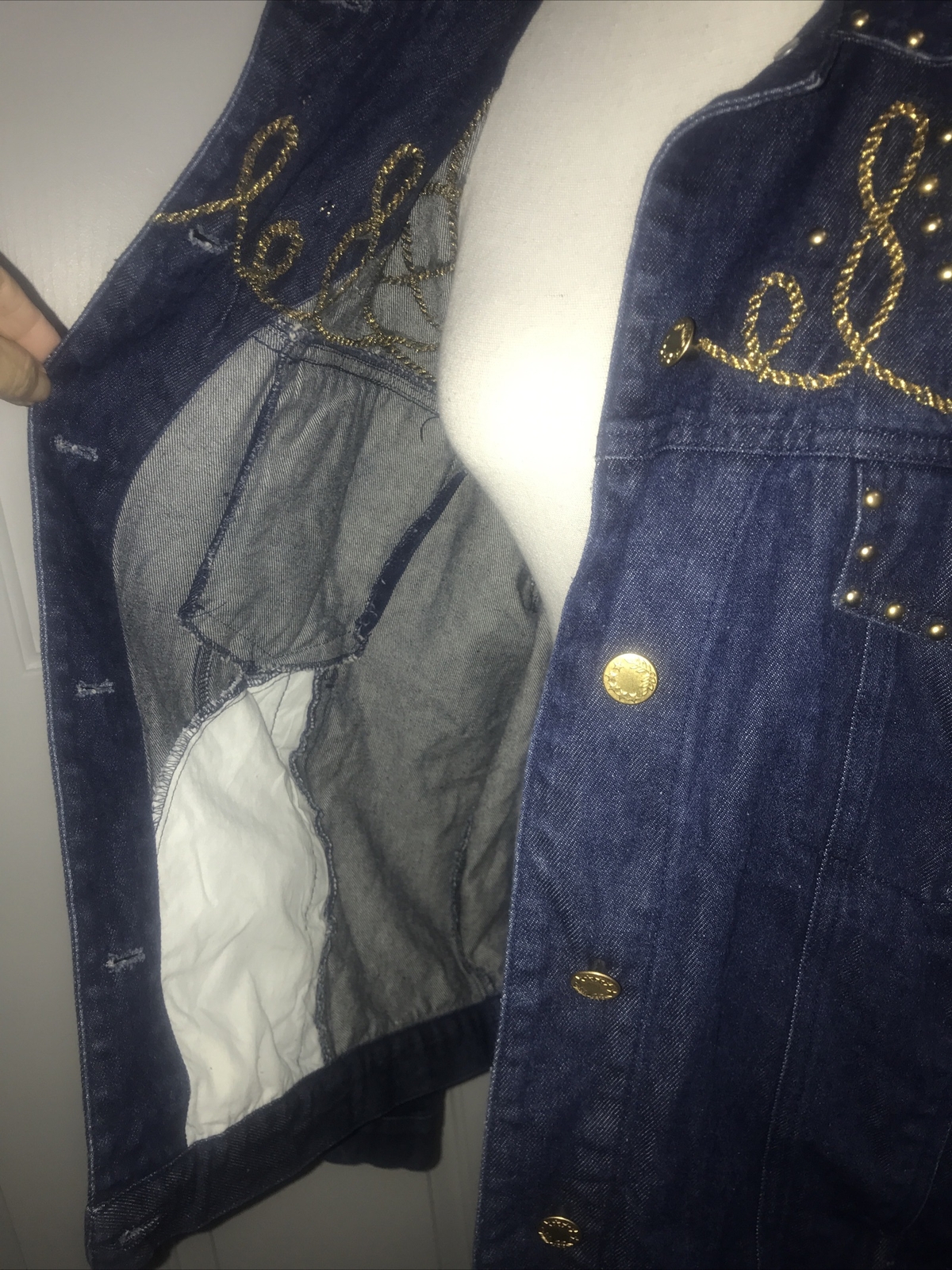 VTG CAROLE LITTLE Jacket Denim Blue Gold Studs/Rope Embroidery Size 14? (READ)