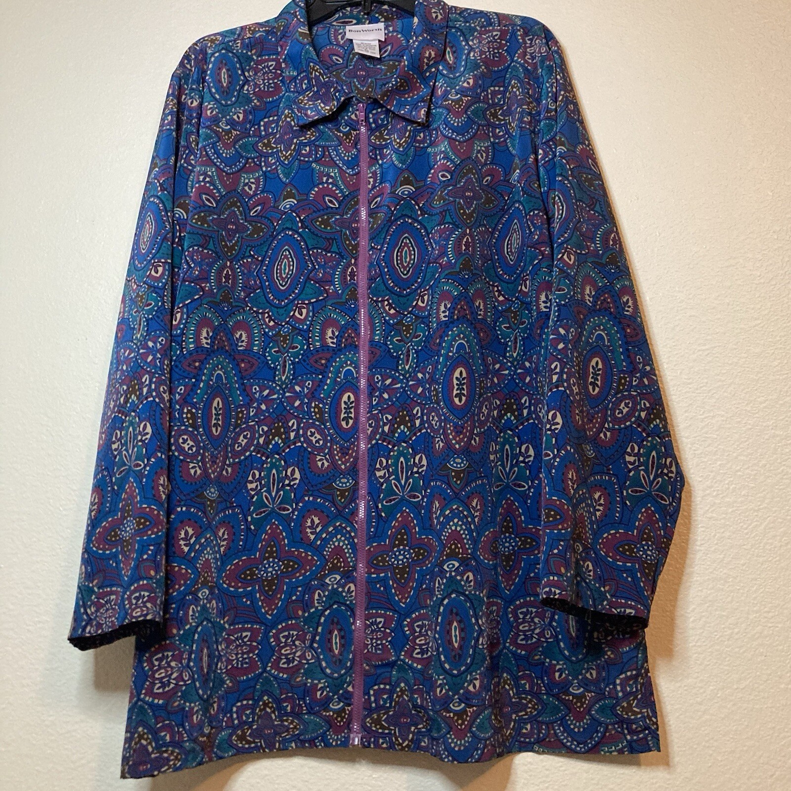 Vintage Bon Worth Blouse Size XL Floral Geometric Boho Hippie Long Sleeve Zip Up