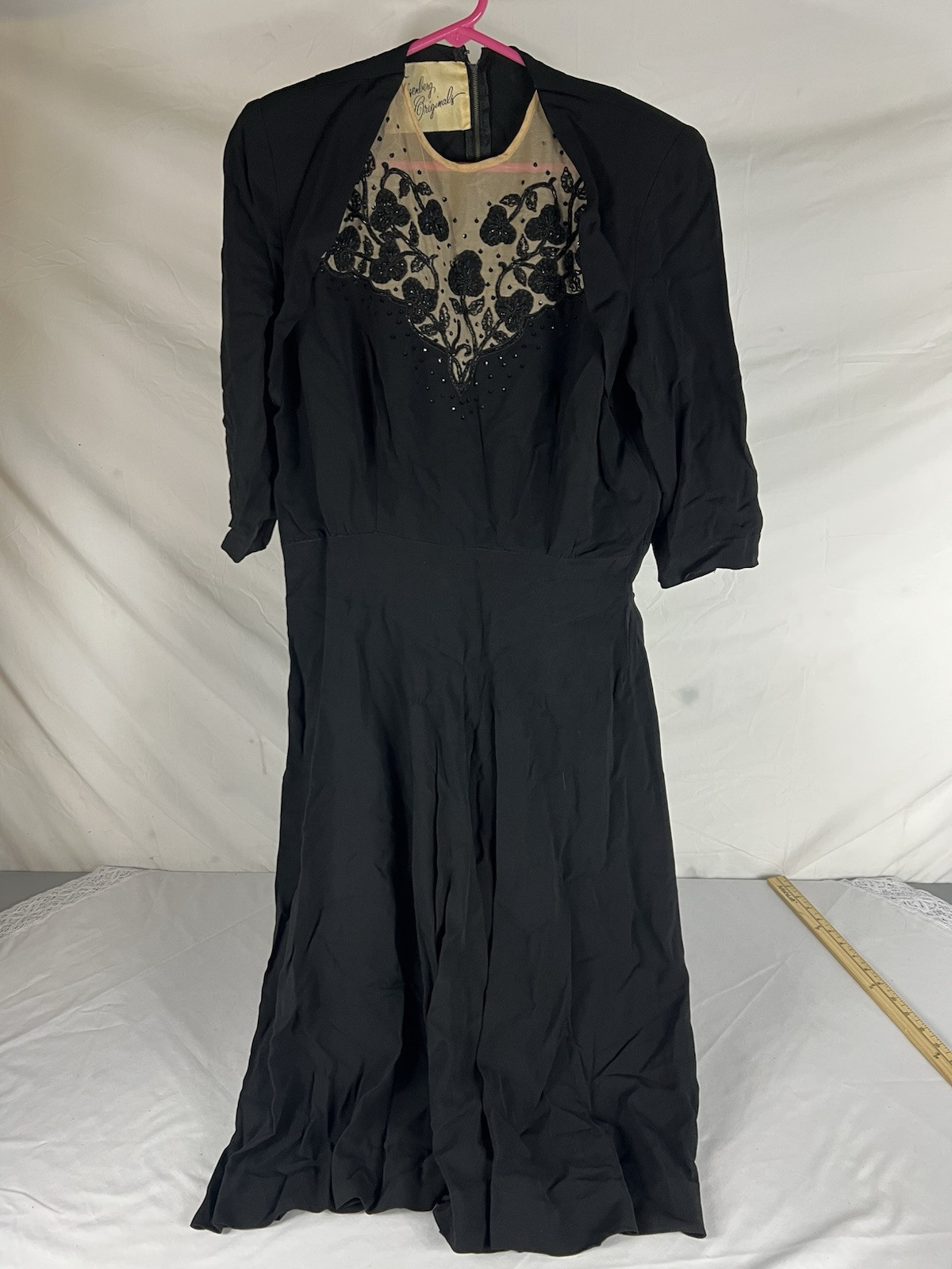 Vintage Dress Eisenberg Originals 40s 50s Black Midi 3/4 Sleeve Filigree Floral