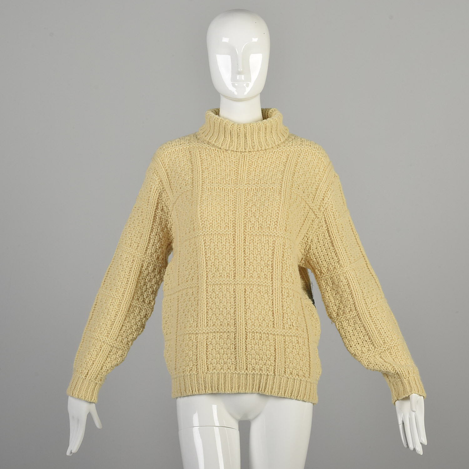 Medium 1960s Cream Sweater Wool Chunky Basketweave Knit Preppy Winter Turtleneck