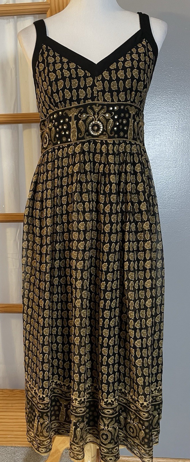 90s Robbie Bee Floral Silk Dress Sz 8 Beige Black Sequins Whimsy Party Classic