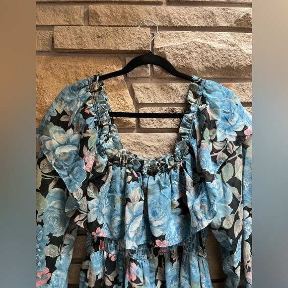 Vintage 1970’s Candi Jones Floral Ruffle Long Sleeve Maxi Dress Blue Large