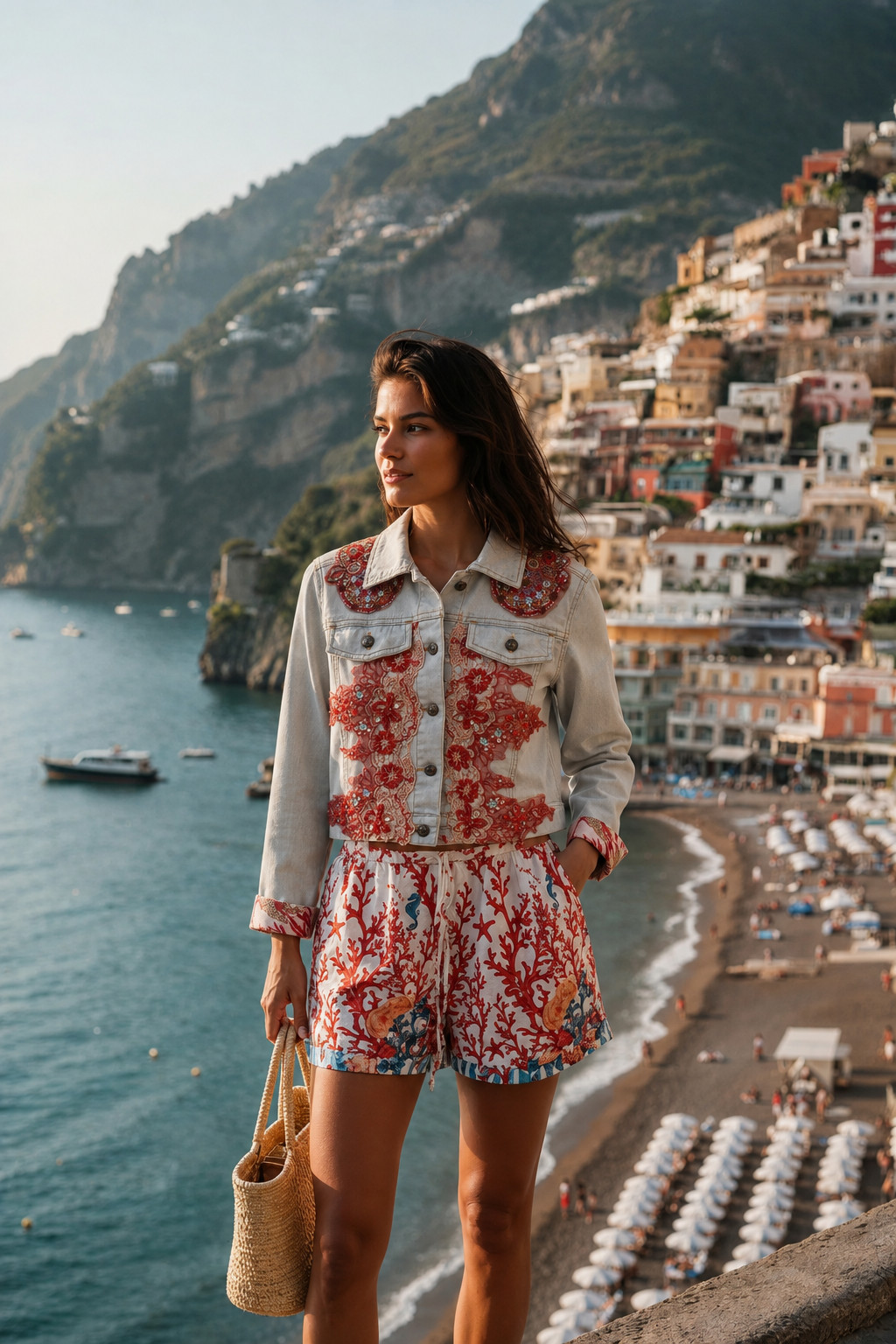ANTICA SARTORIA Positano Embroidered Embellished cropped denim jacket NWT