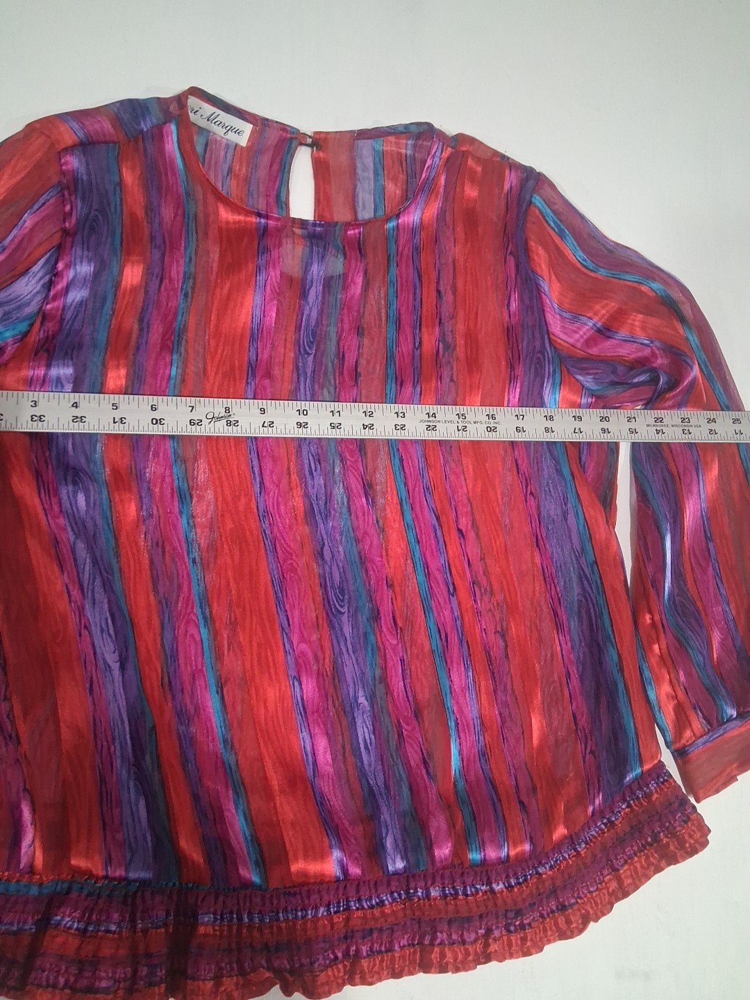 Vtg 80s Colorful Sheer Blouse Carnival Stripes Jeri Marque Womens Medium Ruffles