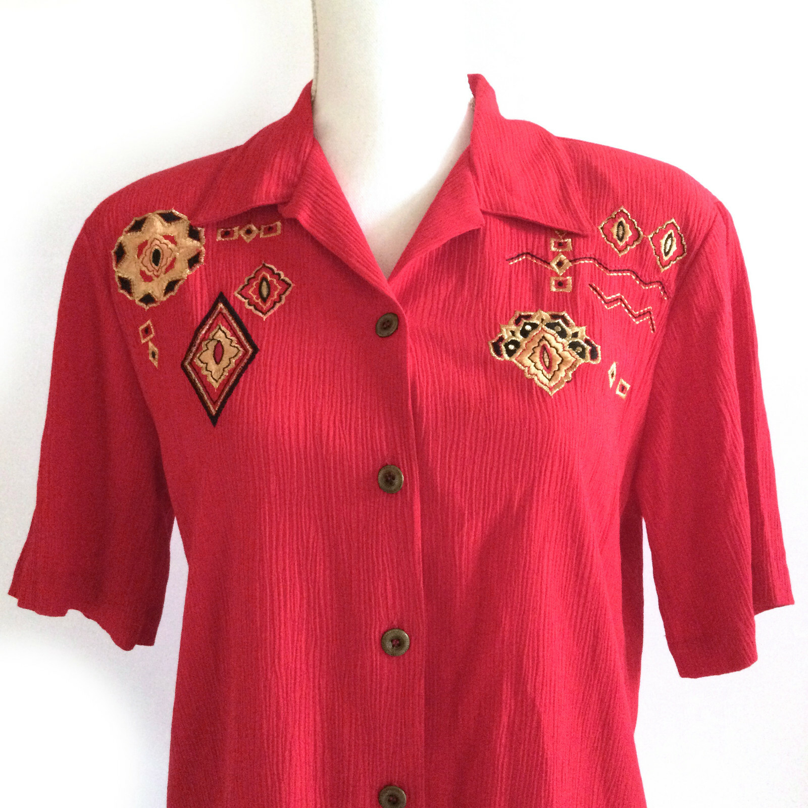 Koret Vintage 80s Womens Red Blouse Gold Embroidered Pattern Size Small Top