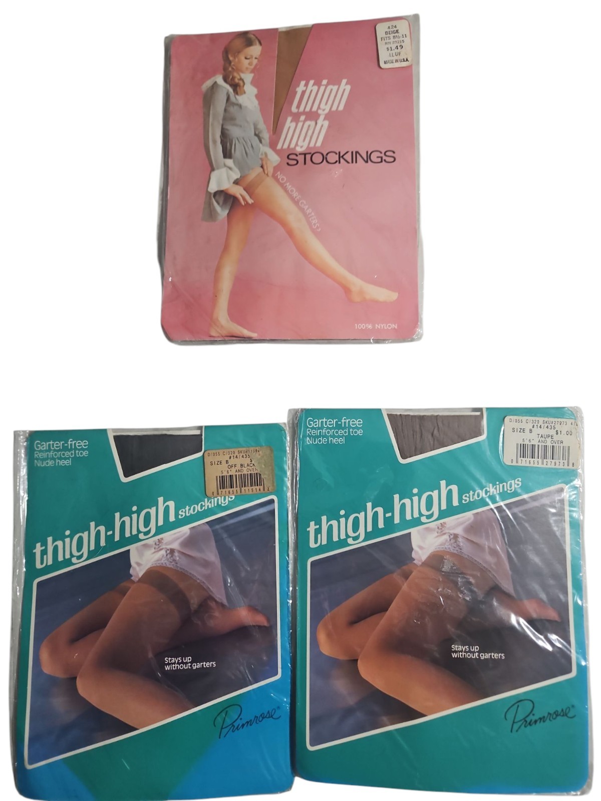 3 Pairs NOS Vtg Nylon Stockings Thigh High Pantyhose Size B No Garters