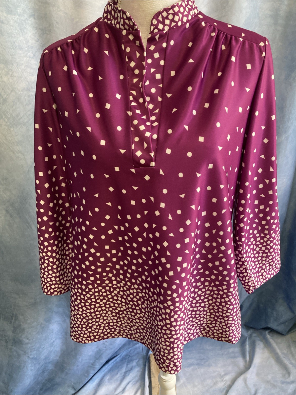 VTG 70s 80s Geometric Confetti Tunic Blouse Magenta Purple Polyester Shirt M L