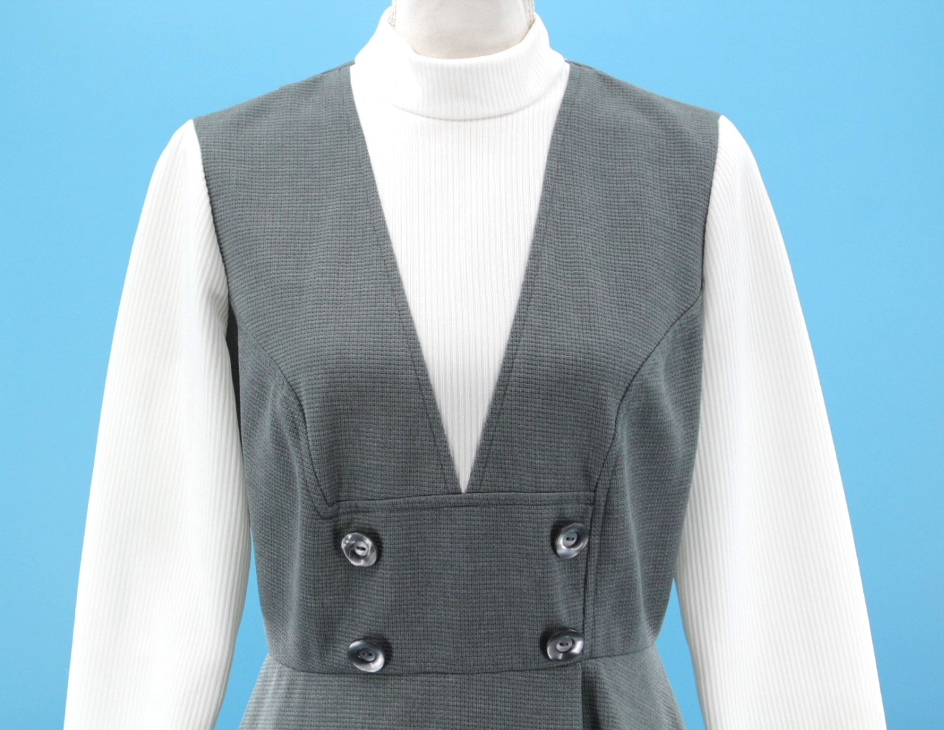 VTG Women’s 60s Gray & White Long Sleeve Pinafore Look Mini Dress S/M 1960s