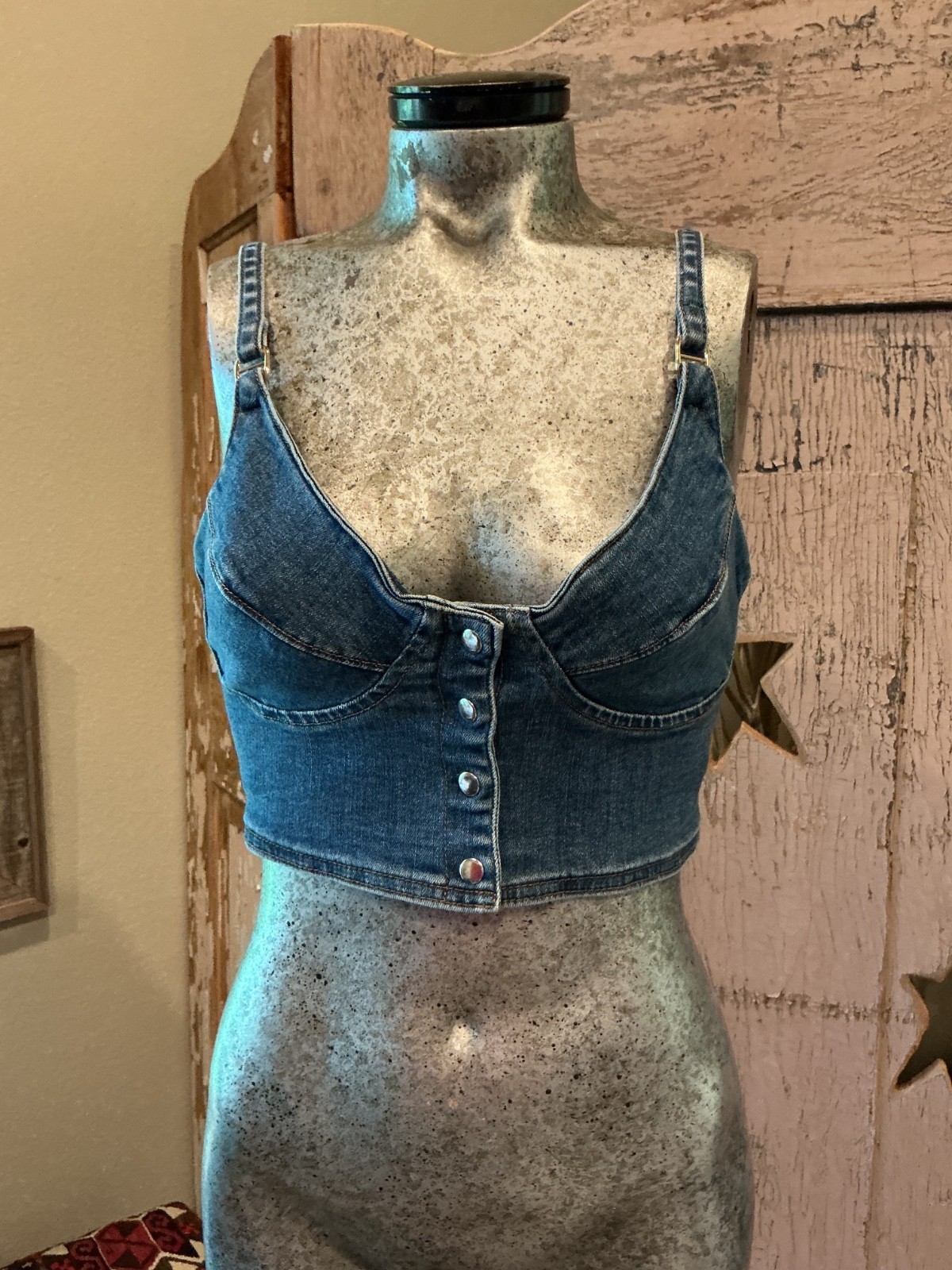 90s Y2K VTG DENIM Jeans Bra Top Crop snap Up Bralette Hip Hop Raver sz small