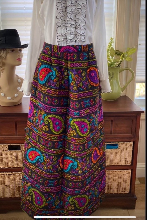 Groovy Mod-Vintage Alex Colman California -Maxi Skirt- Neon Paisley Quilted