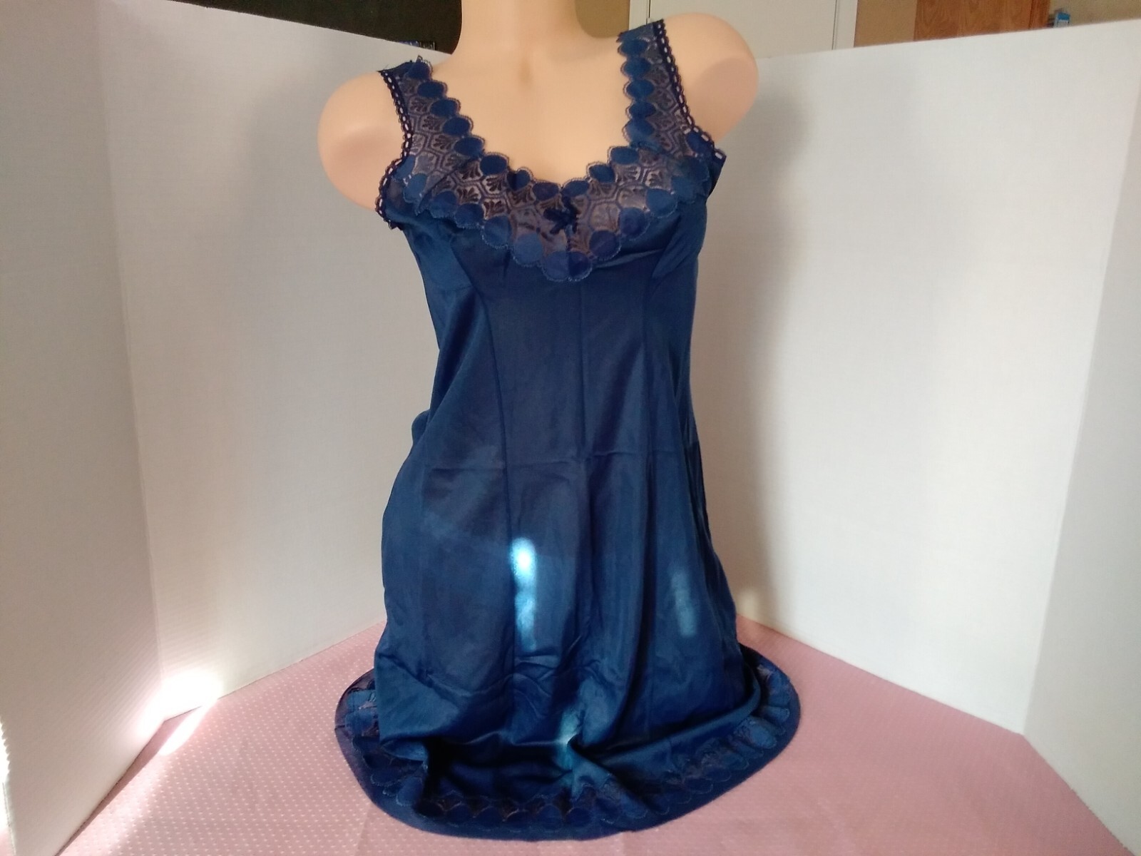 Vintage 60’s Full Slip Dress Chemise European Wide Strap Navy Blue Lace S-M