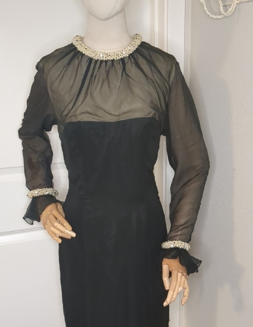 Vintage 60s Lilli Diamond Black Sheer Long Sleeve Wiggle Dress Pearl Beaded