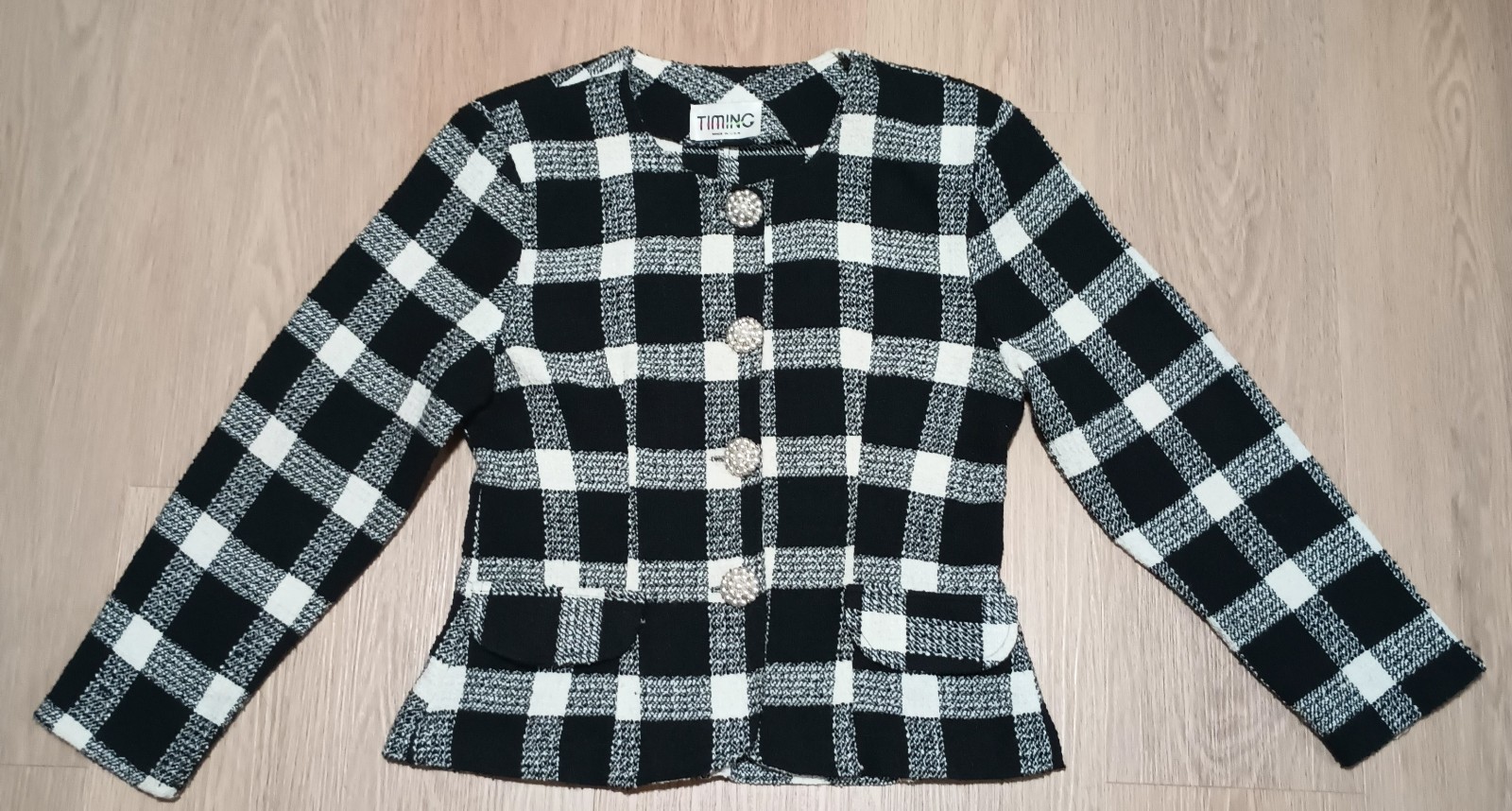 Vtg 80s TIMING Boucle Knit Black White Check Blazer Jacket career business M