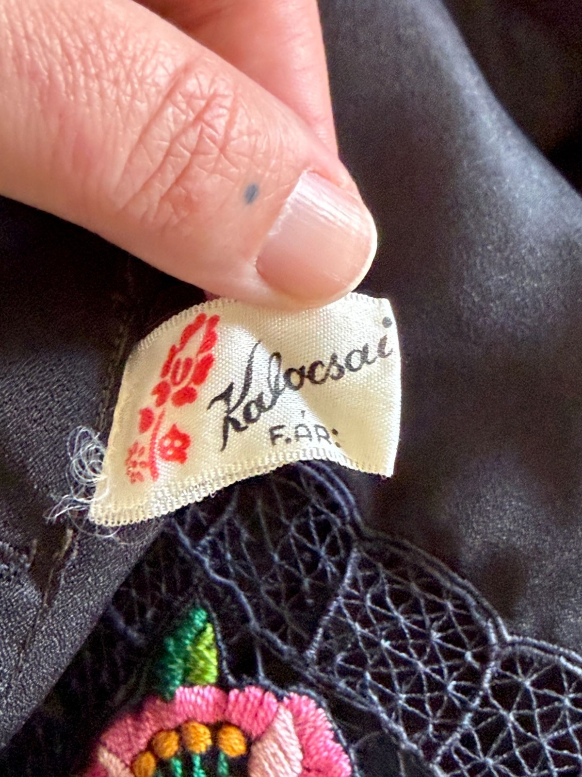 Vintage 1970s Long Sleeve Black Kalocsa Hungarian Folk Blouse With Floral
