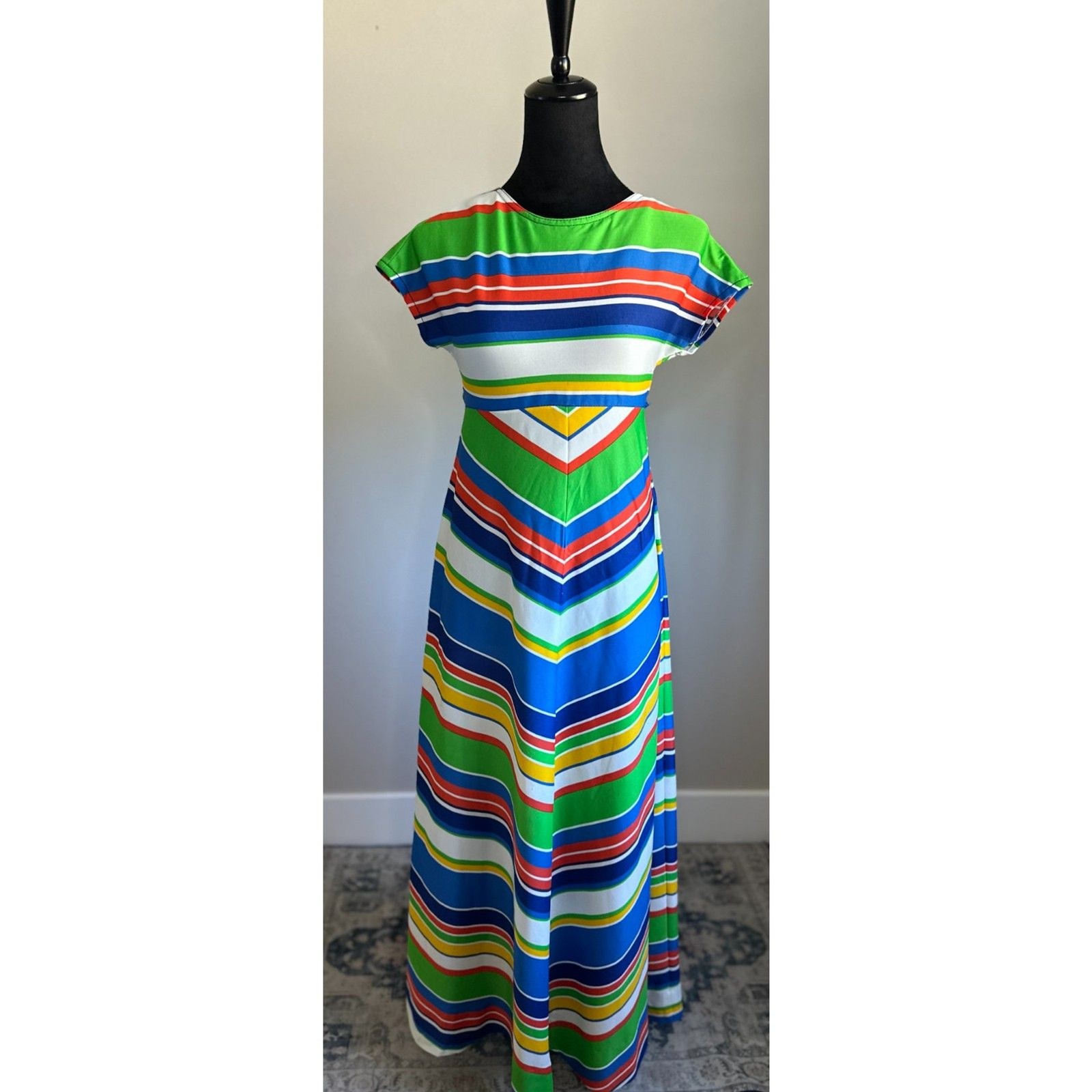 Vintage ACT I 1970’s Maximalist Rainbowcore Striped Cap Sleeve Maxi Dress Size S