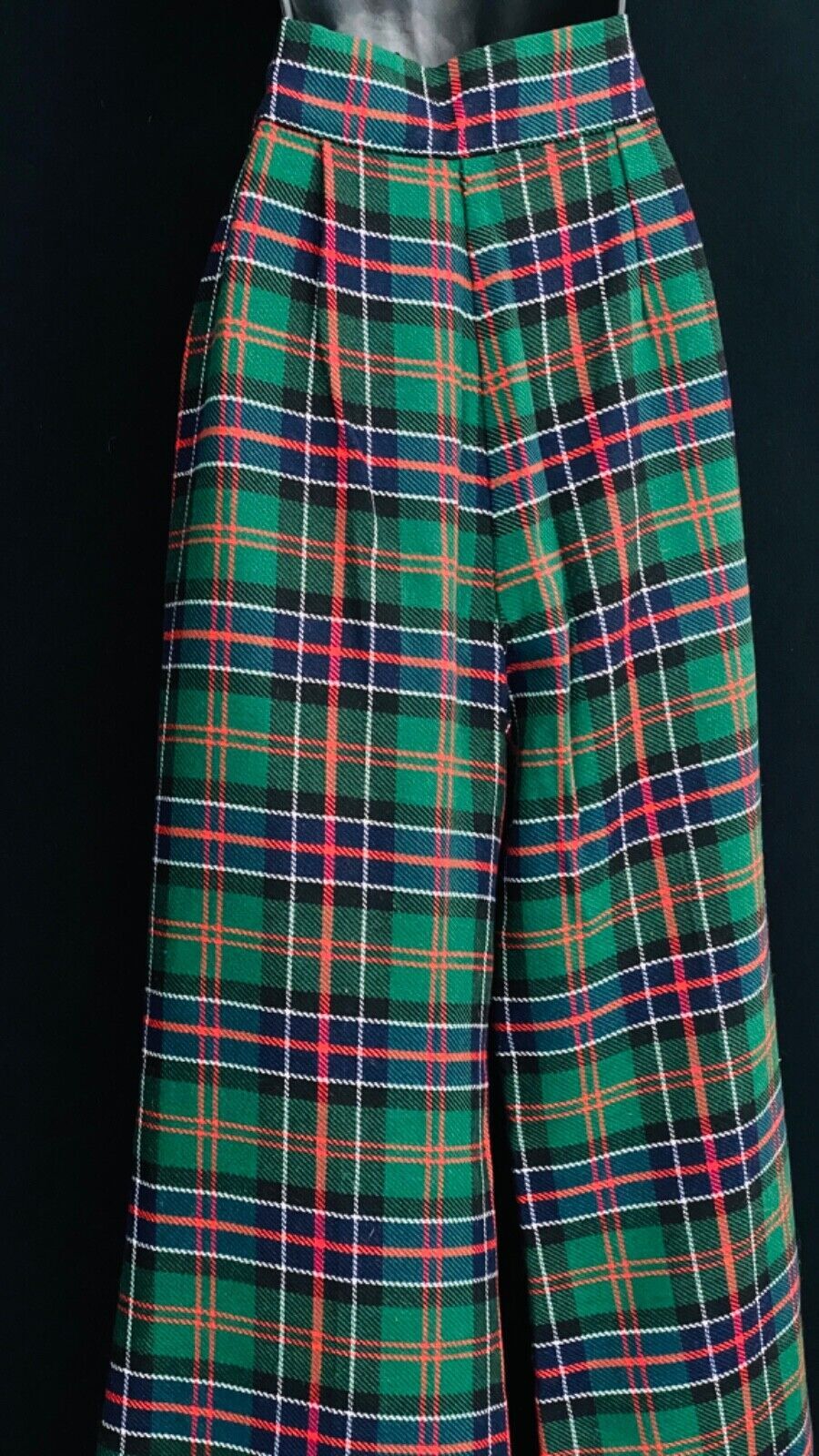 Vintage 1970s green plaid pants, wide leg red bell bottom high waist slacks