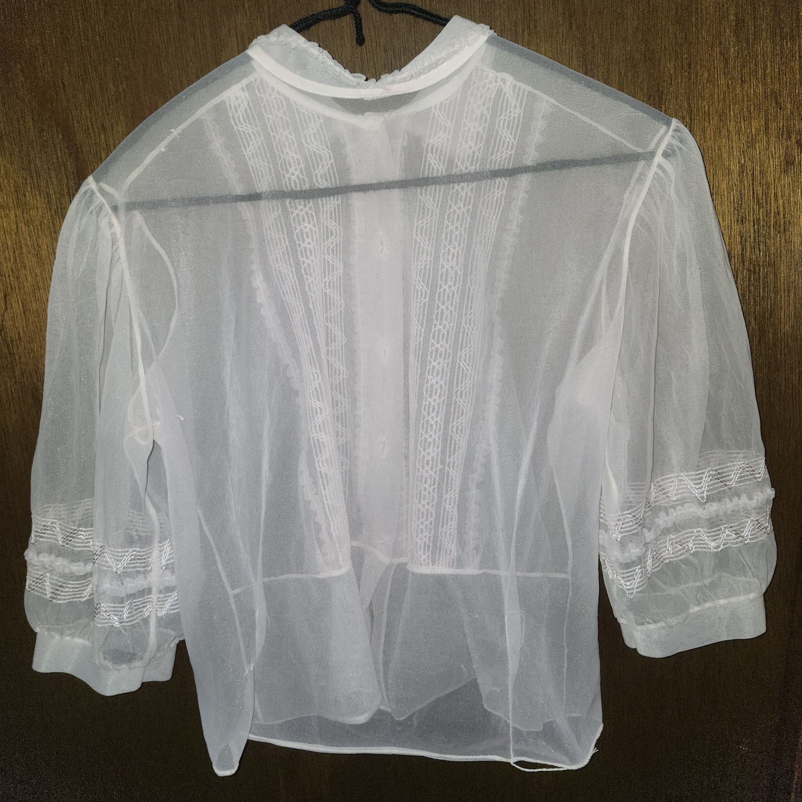 Vtg 50s Blouse Sheer Pink W/pretty thread Design Front & Sleeves Glass Buttons