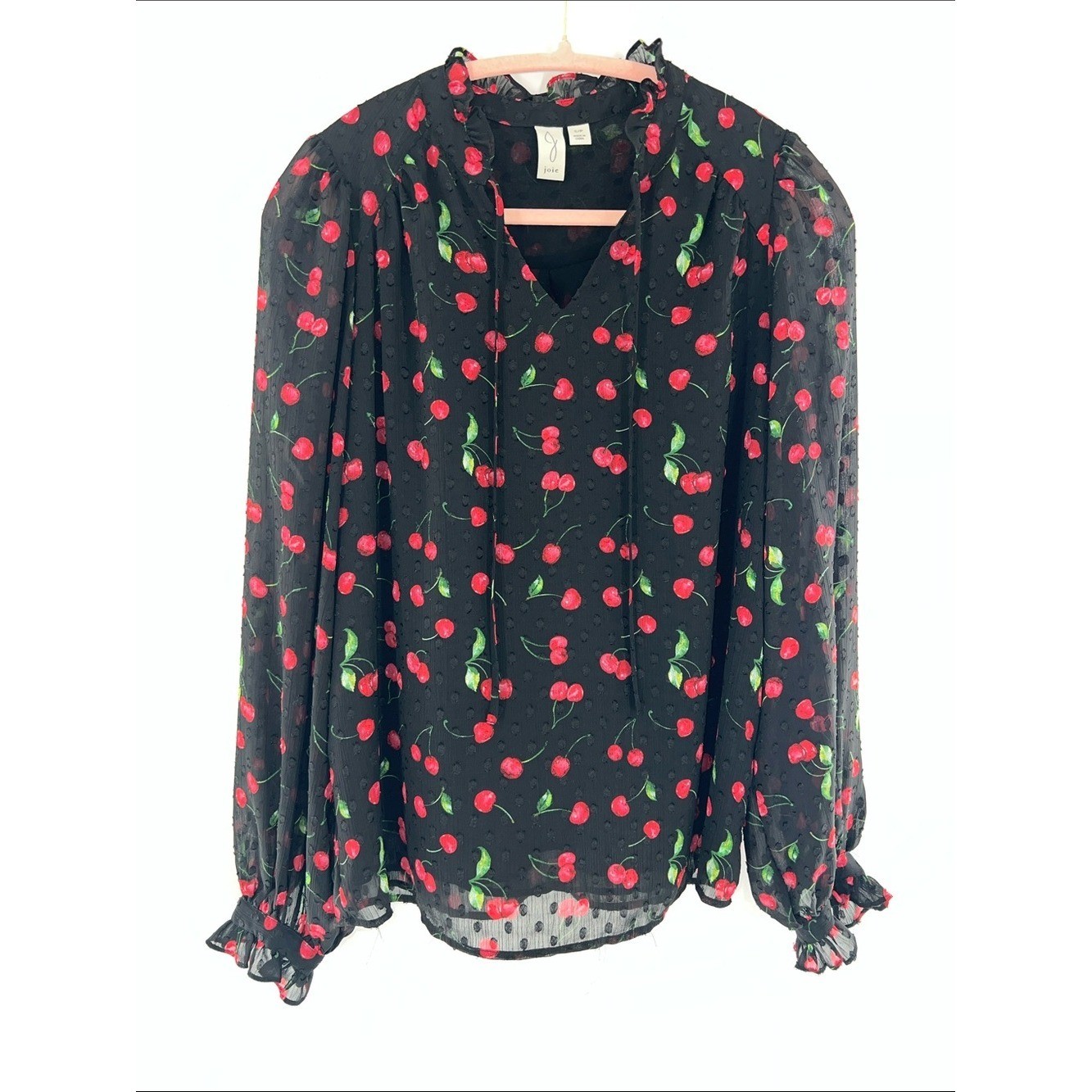 Joie Black Chiffon Cherry-Print Long-Sleeve Blouse rockabilly nostalgic sheer