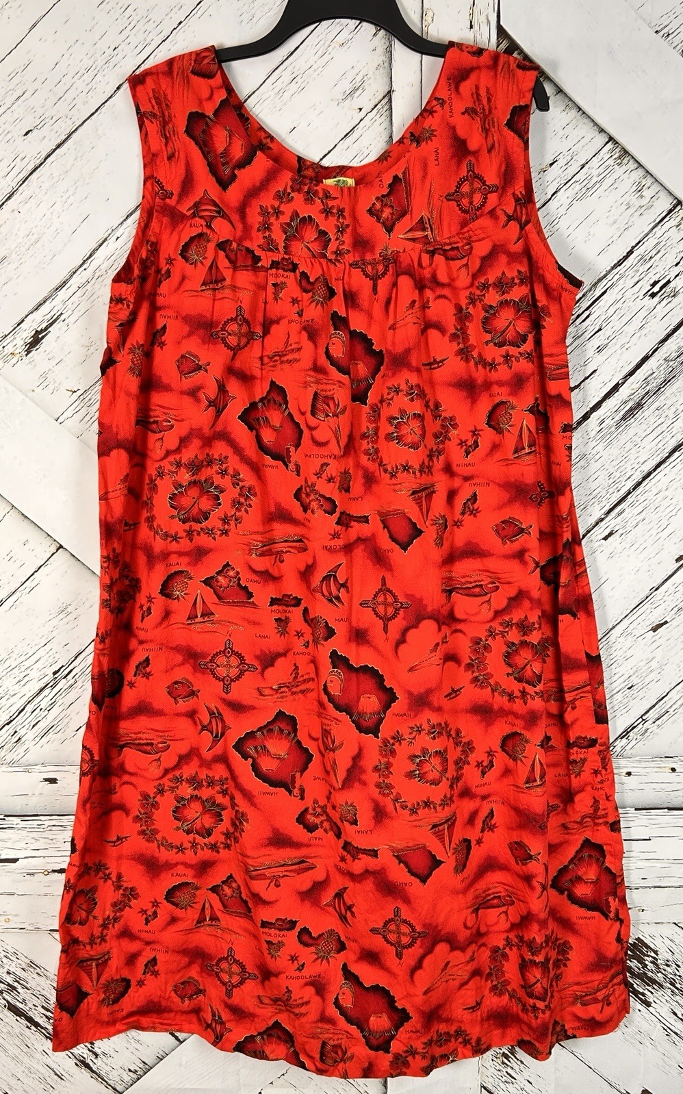VTG Ui-Maikai XL Muumuu Dress Hawaiian Map 70s 60s House Shift Red Tiki Aloha US
