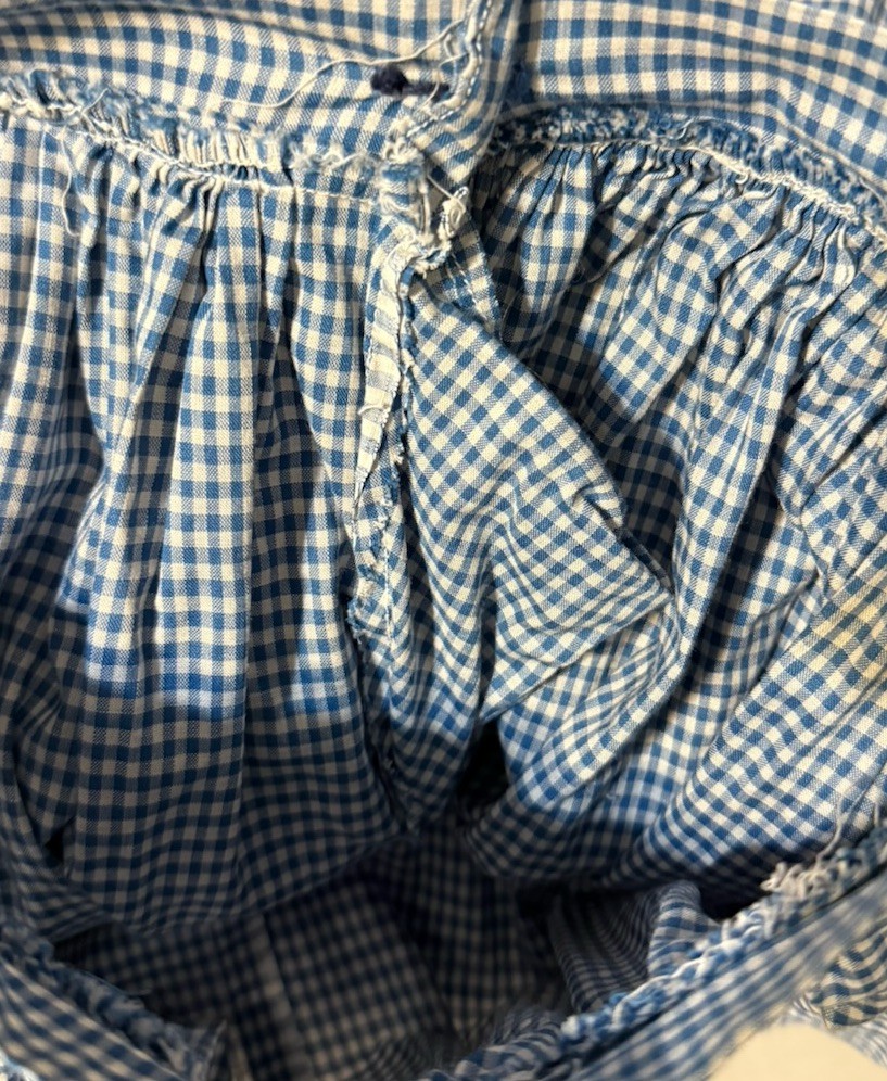 Vintage 70s Hand Crafted Blue Gingham Cotton Tiered Midi Boho Skirt 22” W, 25” L