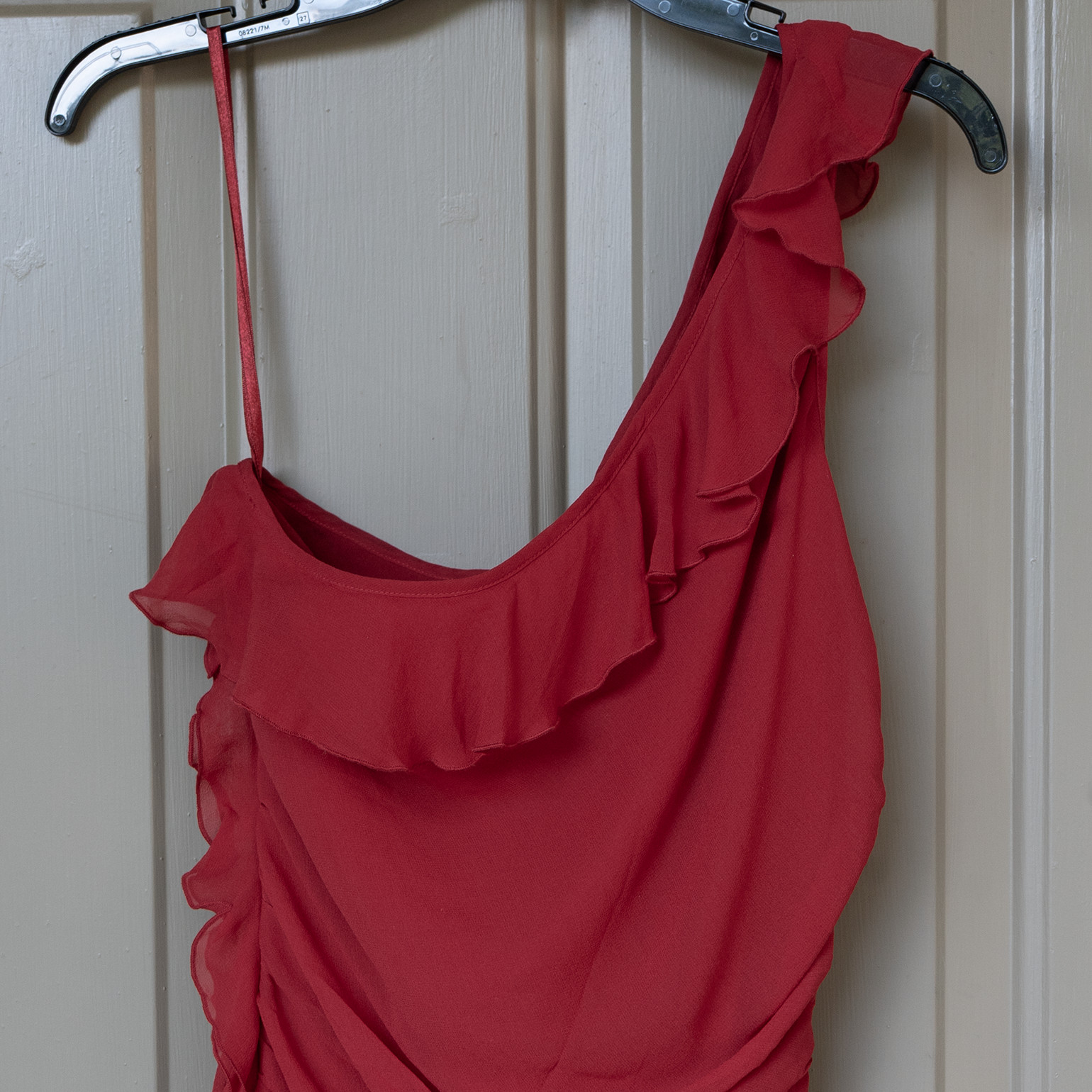 100% Silk Red Ruffle Dress Y2k Vintage One Shoulder Ruffle Asymmetrical Hem Midi