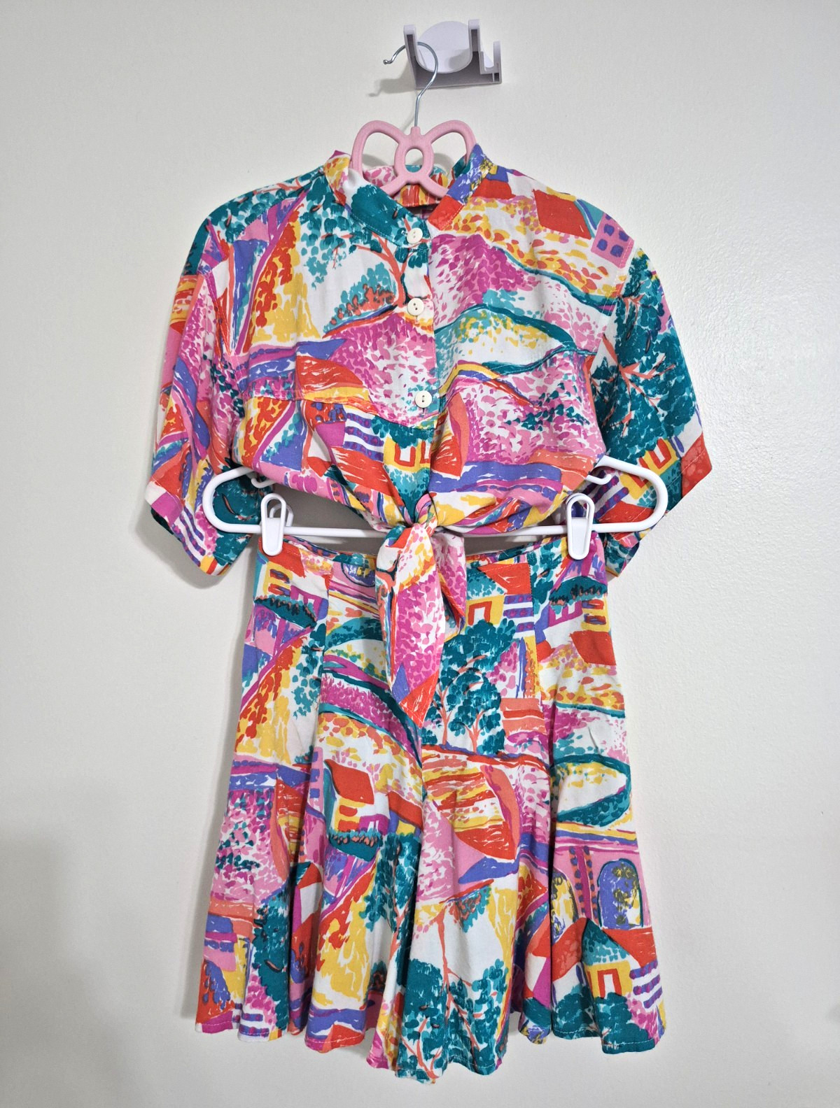 Vtg 80s Niki-Lee Crop Top with Shorts Matching 2pc Set Novelty Print Sz S/XS